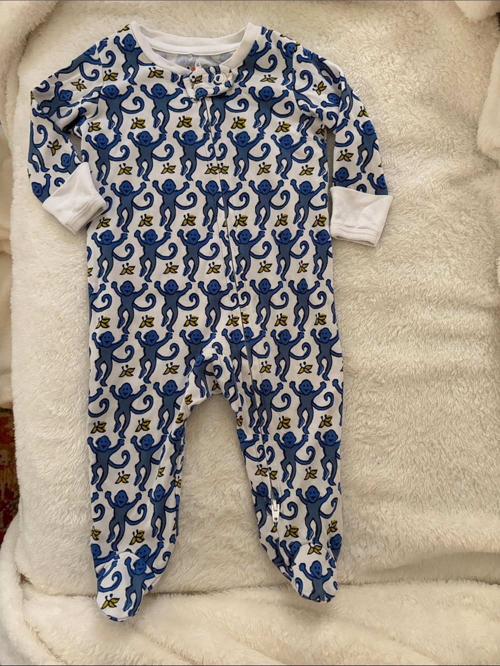 Roller Rabbit Blue and White Monkey Print Footed One-Piece